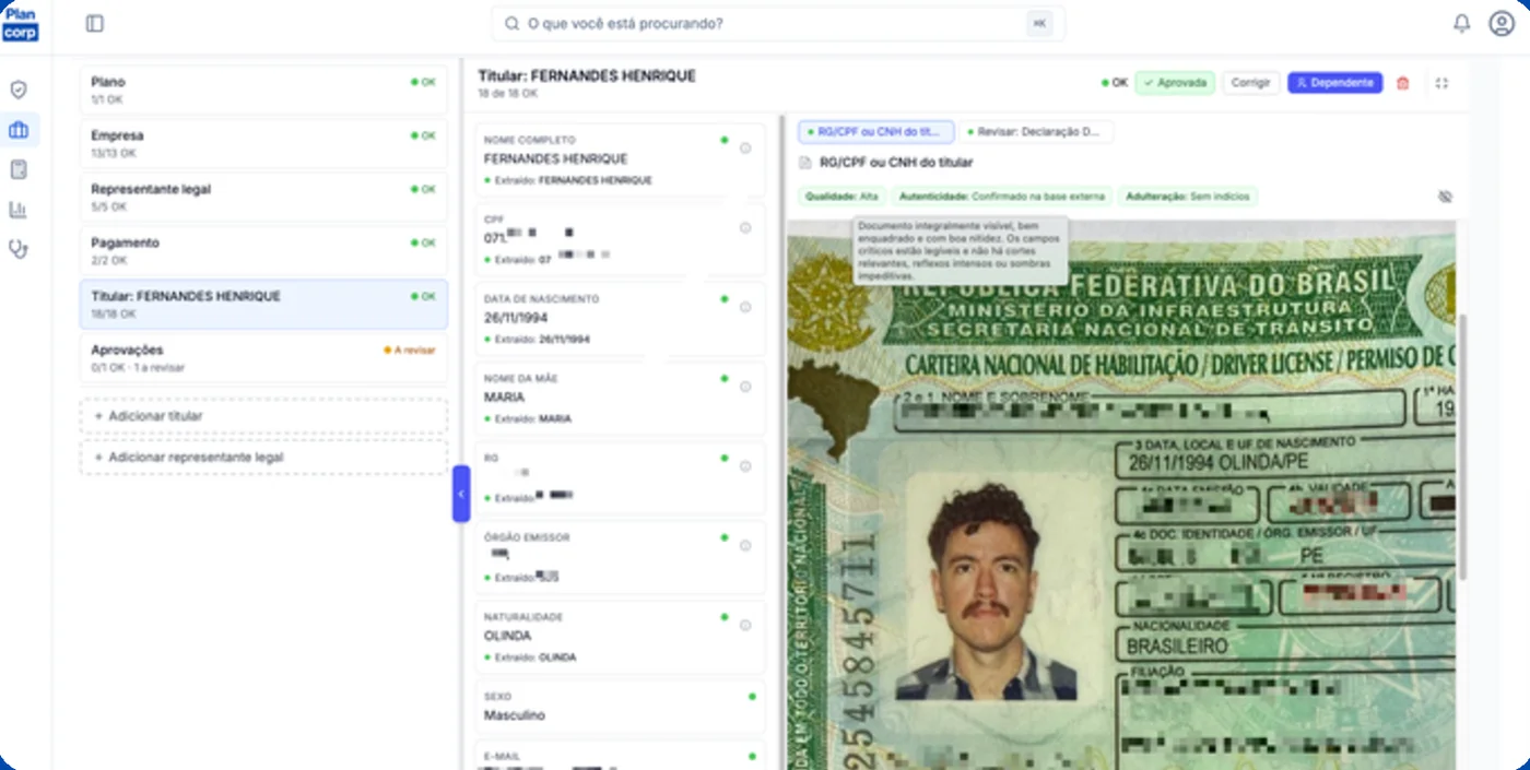 Tela da Plancorp validando a CNH do titular, com os campos extraídos e aprovados